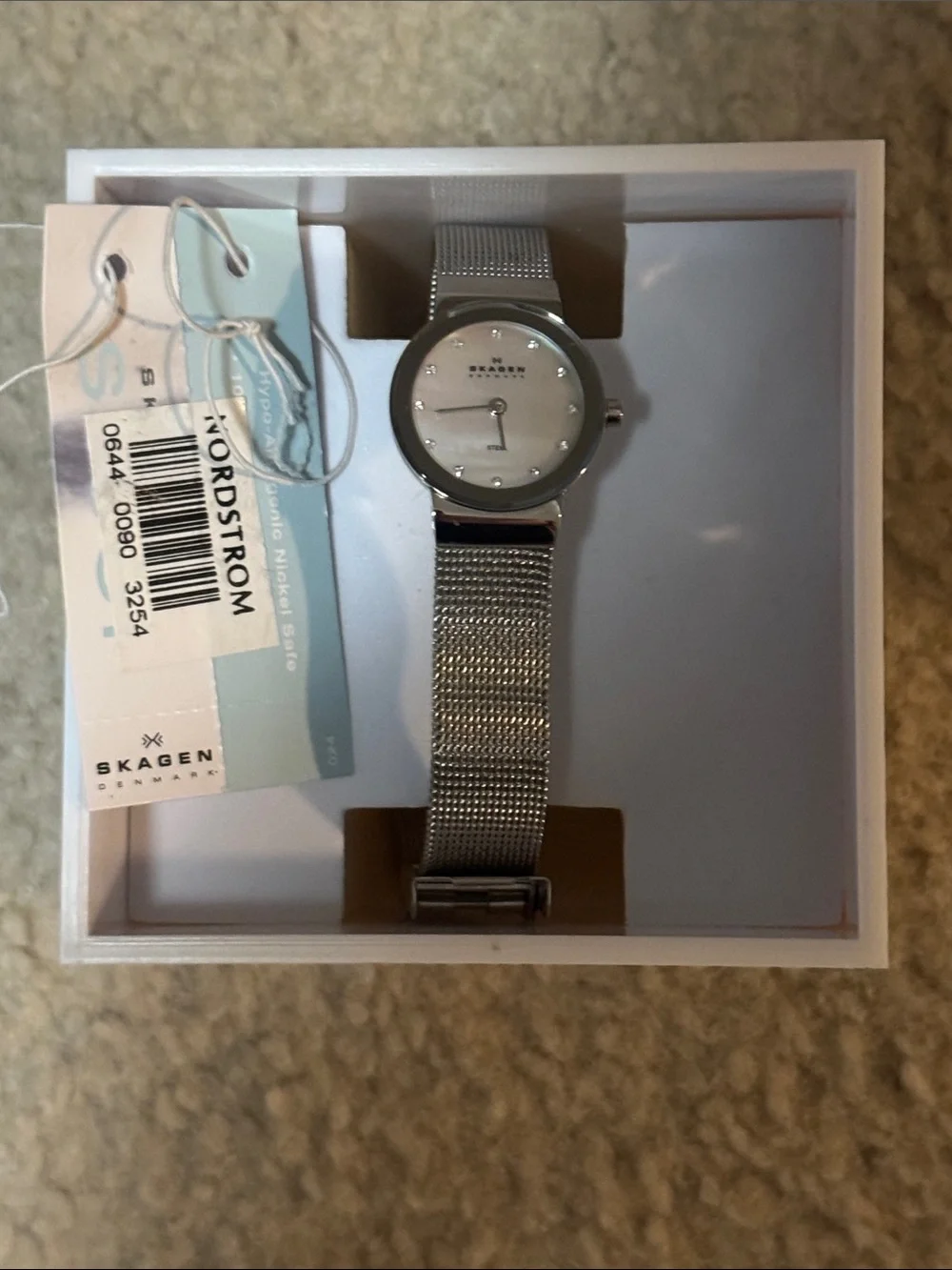 Skagen Silver Mesh Bracelet Watch with Mother-of-Pearl Dial